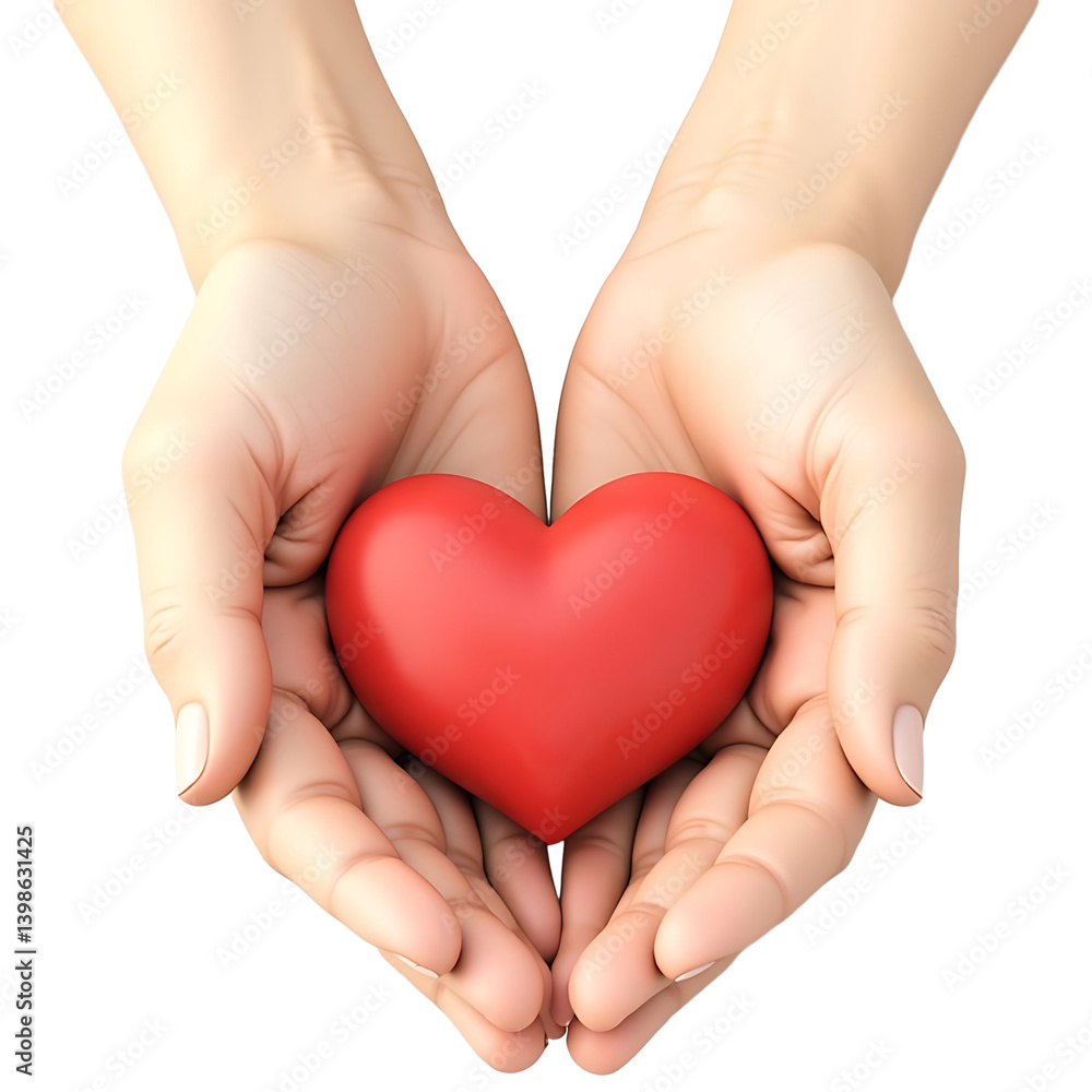 Two hands gently holding a bright red heart shape against a plain black background in a studio shot on transparent background Two hands gently holding a bright red heart shape against a plain black background in a studio shot on transparent background