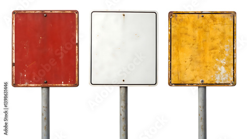 Set of three blank square sign boards: red, white and yellow on transparent background