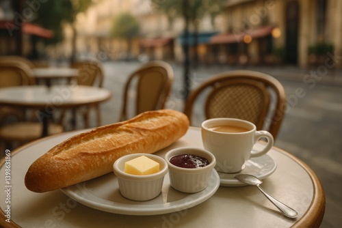 Enjoying Breakfast With Bread and Coffee at a Parisian Cafe on a Quiet Morning
