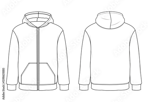 Flat sketch shows zip hoodie with detailed pockets and hood, hoodie ideal for fashion design, hoodie illustration perfect for pattern makers, hoodie template used in branding.