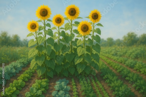 Sunflowers Stand Tall Over a Vibrant Green Field in Midday Sun Near a Rustic ...