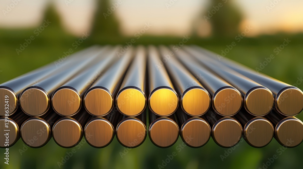 Naklejka premium Industrial metal rods storage manufacturing facility product display outdoor close-up material quality