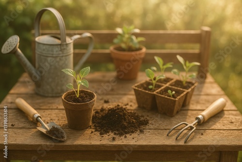Gardening Activity on a Sunny Day With Seedling Pots and Tools on a Wooden Table