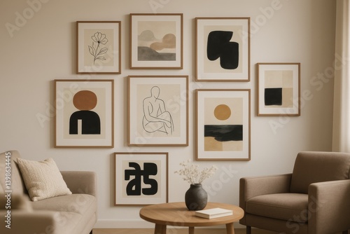 Contemporary Wall Art Collection Displayed Above a Cozy Sofa in a Bright Livi...