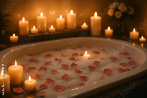 Relaxing Bath With Candles and Rose Petals Creates a Tranquil Atmosphere for ...