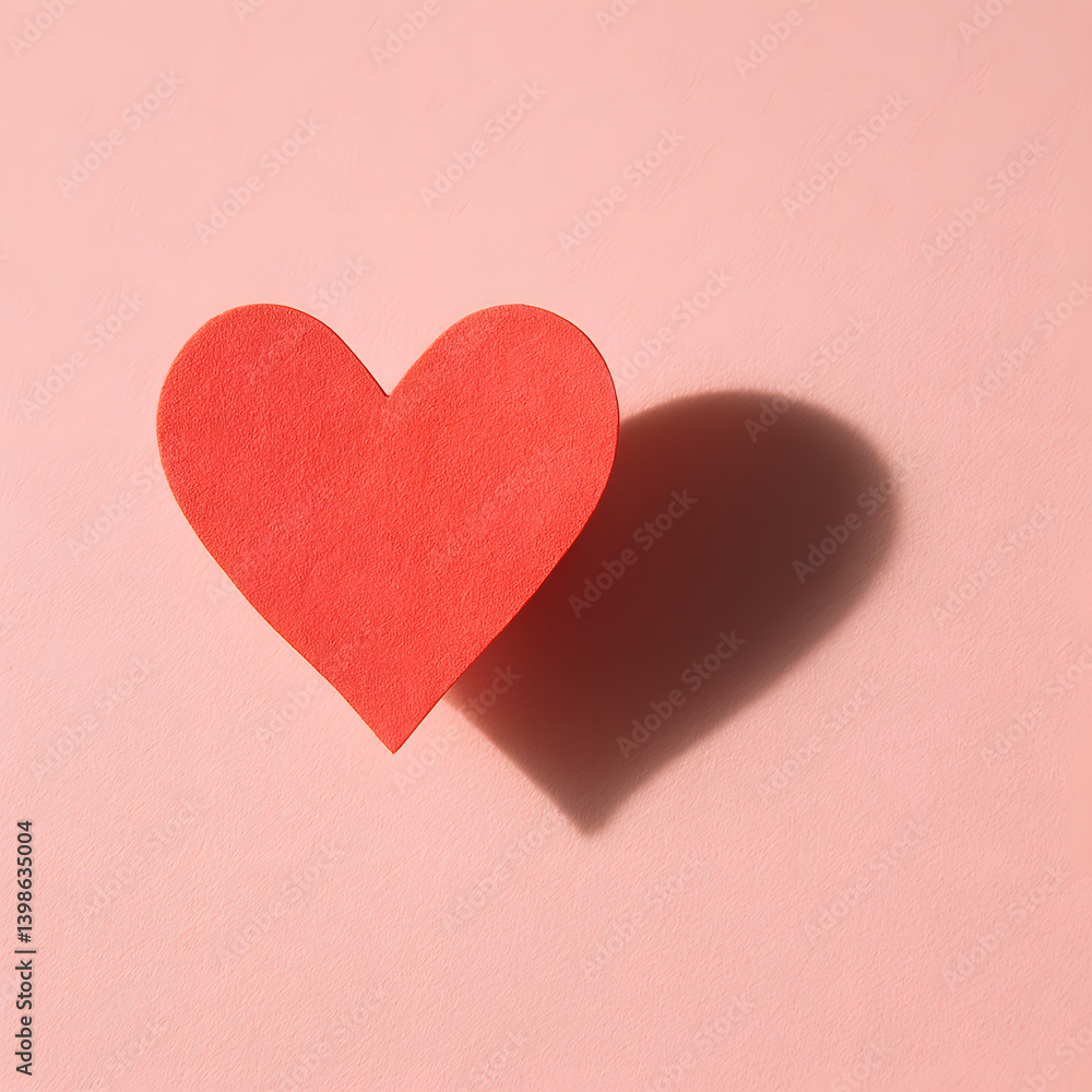 Red paper heart casting a shadow on pink background, minimalist love and Valentine’s Day concept Red paper heart casting a shadow on pink background, minimalist love and Valentine’s Day concept