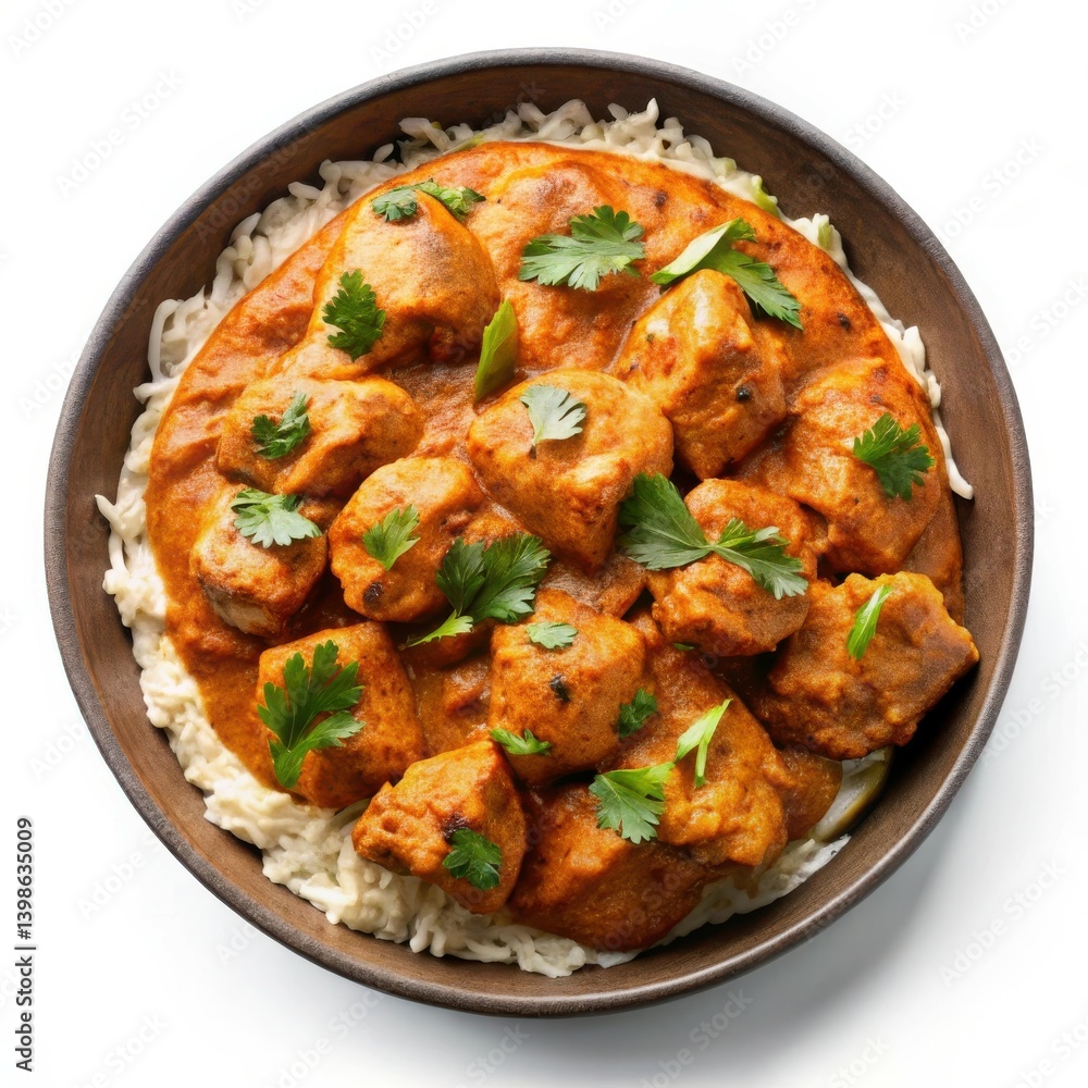 Delicious Chicken Tikka Masala served over rice in a dark brown bowl Delicious Chicken Tikka Masala served over rice in a dark brown bowl