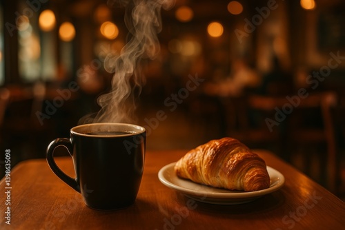 Enjoying Coffee and a Croissant in a Cozy Cafe During Early Morning Hours