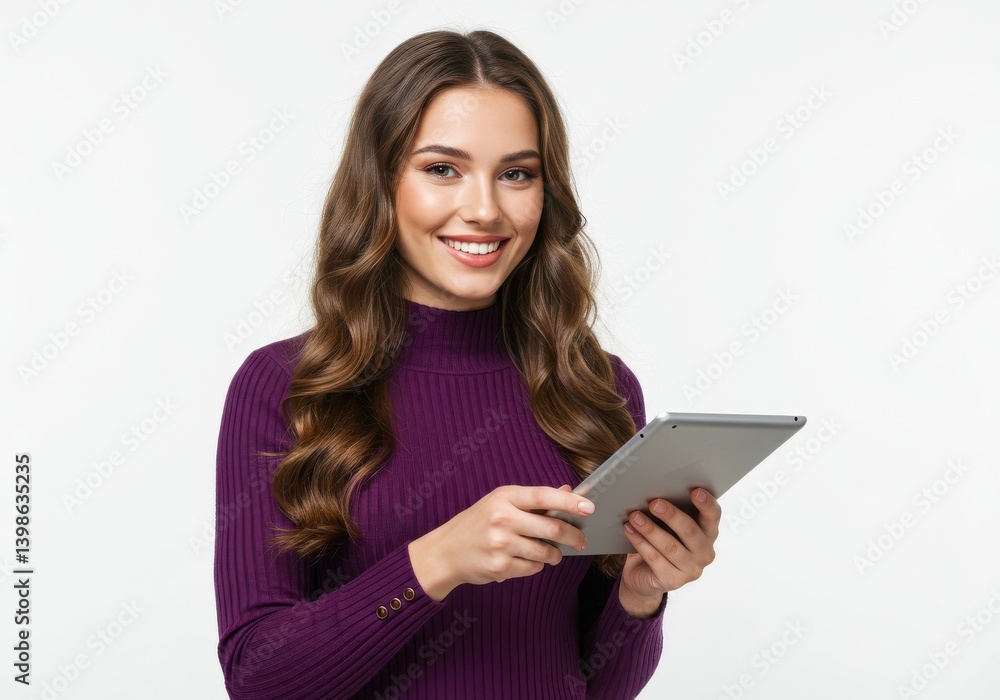 Woman holding a tablet smiling isolated on white background Woman holding a tablet smiling isolated on white background