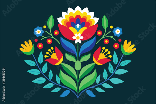 Vibrant Folk Art Floral Motif with Bold Colors on a Dark Background