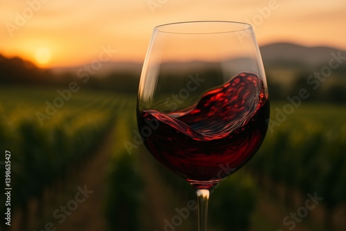 Wine Glass With Red Liquid Against Vineyard at Sunset Creating a Serene Atmos...