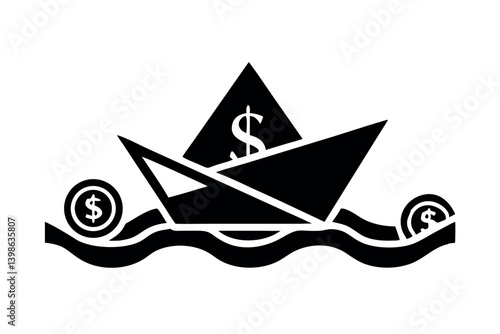 Financial Instability Paper Boat Sinking in Cash Flow Stormy Waters with Lost Dollar Coins