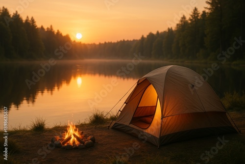 Serene Camping Experience by the Calm Lake at Sunset With a Glowing Tent and ...