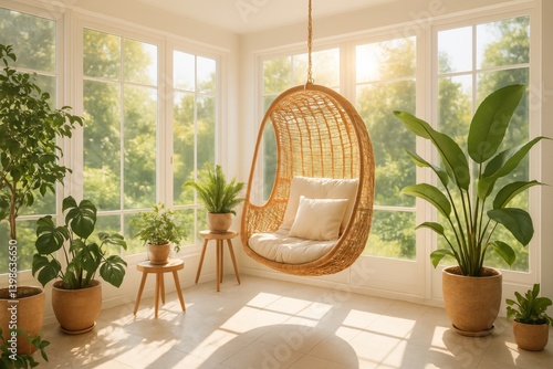 Cozy Indoor Space Featuring a Hanging Chair Surrounded by Lush Greenery and Bright Sunlight