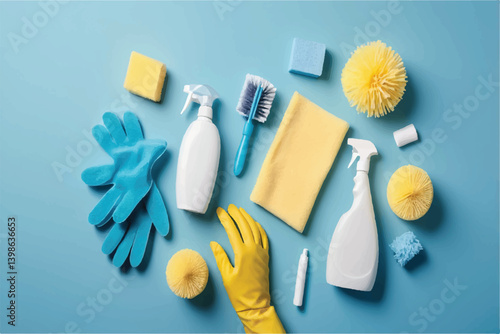 Embrace cleanliness with household items. Top view of cleaning supplies—gloves, sponges, spray—on a muted blue background. Perfect for text or promotion