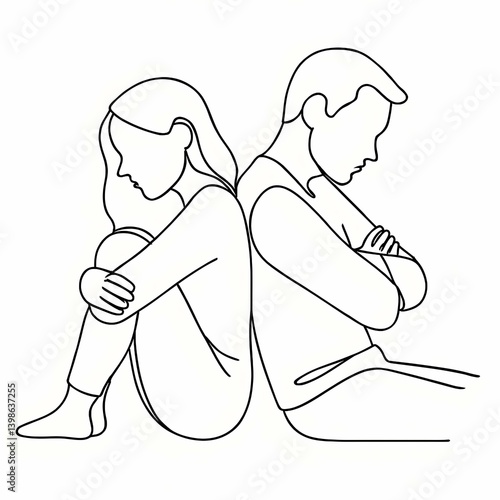 Minimalist Continuous Line Art of Sad Couple Sitting Back to Back After Argument