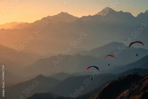Paragliders gracefully soar over majestic mountains at sunset in a stunning photographic capture
