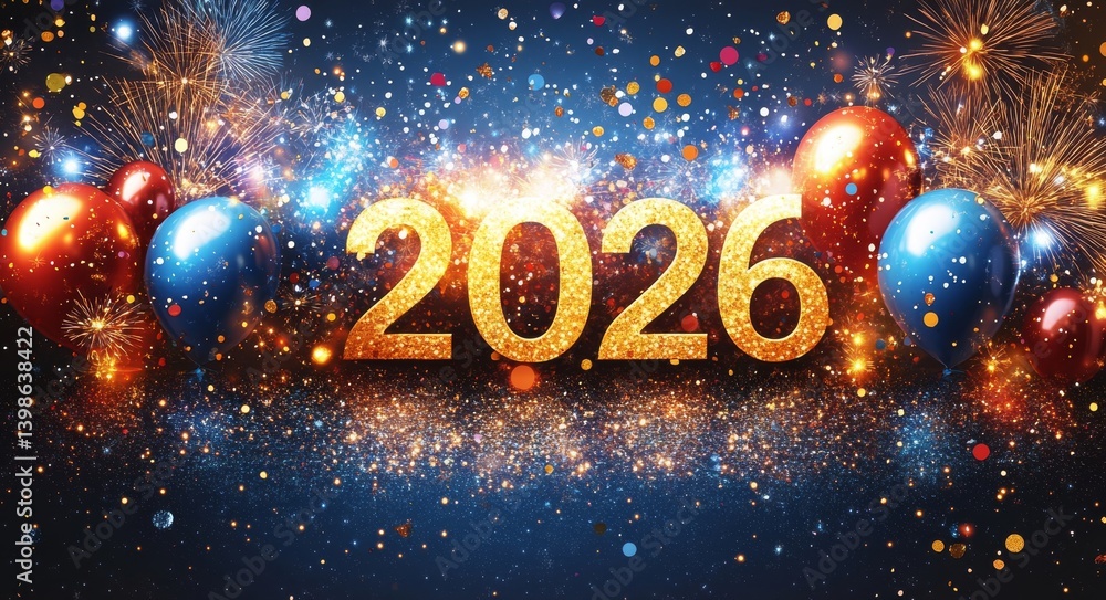 Fototapeta premium Colorful 2026 New Year's Eve Celebration Design with Balloons and Fireworks
