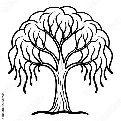 Graceful Branches: Willow Tree Outline for Coloring Book Page
