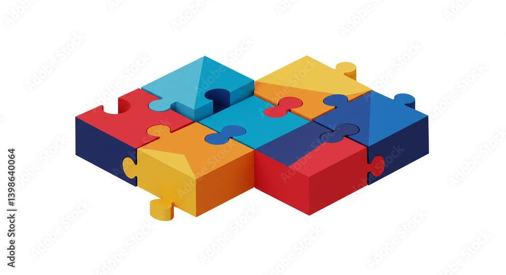 Fototapeta premium Colorful puzzle pieces interlock perfectly representing a successful team collaboration with a clean, minimalist design.