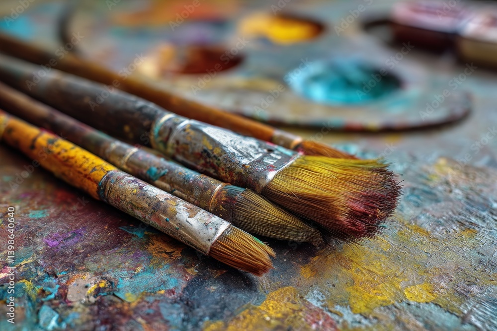 Creative artistic background featuring paintbrushes and palette for text and artistic expression Creative artistic background featuring paintbrushes and palette for text and artistic expression