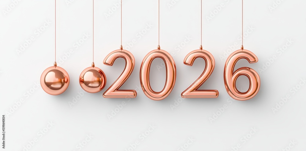 Rose gold 2026 digits dangling as holiday decorations, isolated on a white backdrop Rose gold 2026 digits dangling as holiday decorations, isolated on a white backdrop