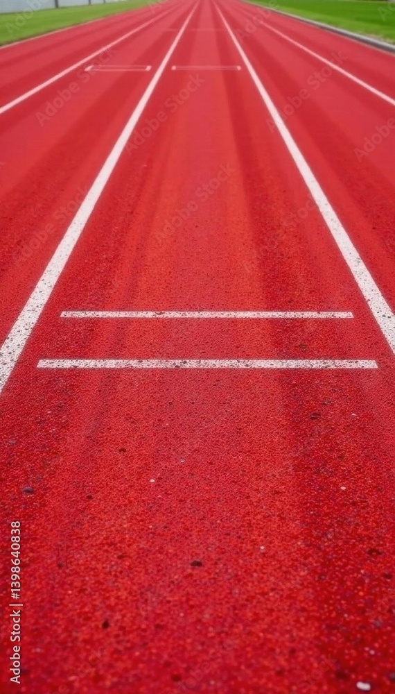 Fototapeta premium Worn, textured red running track; faded lane markings visible, race, exercise