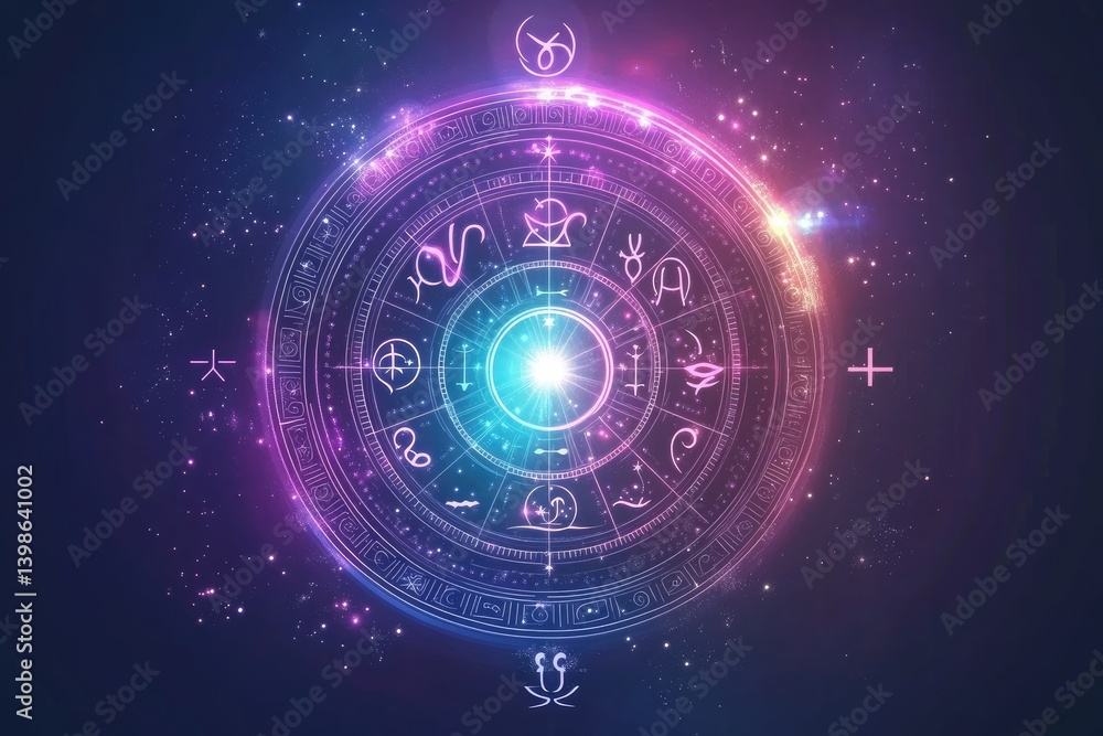Dreamy celestial zodiac wheel with a glowing mystical aura