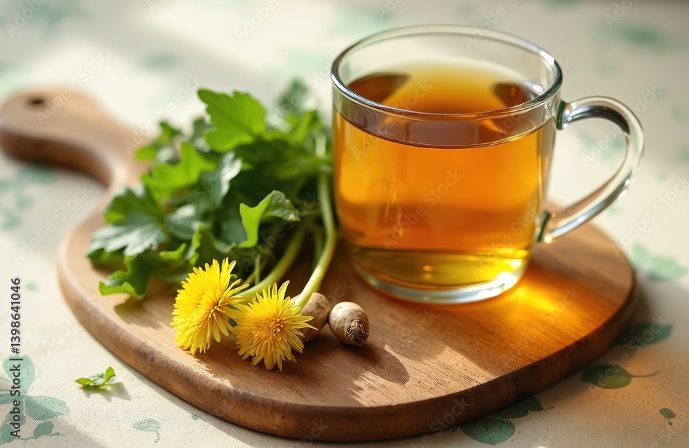 Herbal dandelion tea in glass mug on wooden board. Dandelion leaves, yellow flowers, roots, prepared as healthy hot beverage for alternative medicine. Vegan drink concept, detox, healthy lifestyle. Herbal dandelion tea in glass mug on wooden board. Dandelion leaves, yellow flowers, roots, prepared as healthy hot beverage for alternative medicine. Vegan drink concept, detox, healthy lifestyle.
