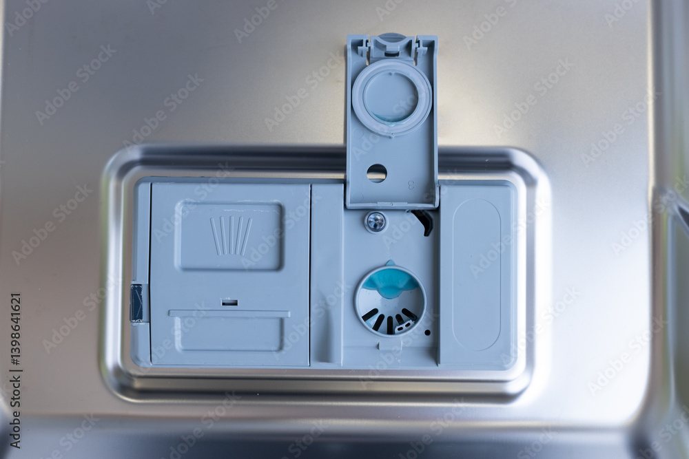 Fototapeta premium Detailed View of a Washing Machine's Detergent Dispenser Compartment Featuring Multiple Sections for Different Detergent Types and Fabric Softener, Perfect for Clean Laundry Needs
