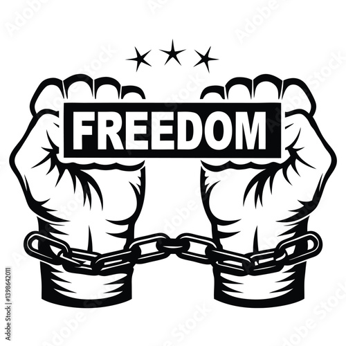 Chainbound Fists with Freedom Text, Three Stars Above, Black and White