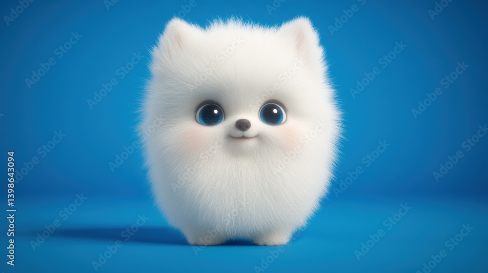 Fototapeta premium A fluffy white dog with large expressive eyes sits against a blue background, exuding cuteness and charm, This image is perfect for pet-related promotions, greeting cards, or children's products,