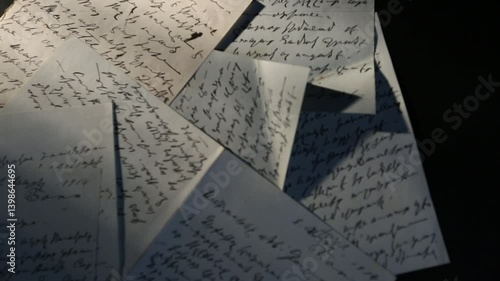 This video shows a collection of handwritten letters scattered on a dark surface. The elegant script and vintage paper evoke a sense of history and personal communication.