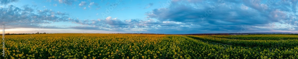Obraz premium A panorama of golden rapeseed. Rain cloud over the yellow flowers of cultivated canola fields during the golden hour.