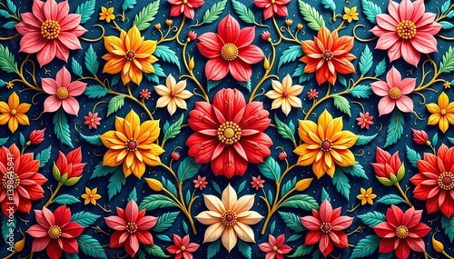 Intricate floral textile design, repeating motif, vintage, organic, geometric