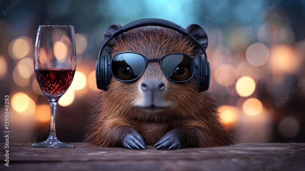 Obraz premium A charming animal wearing sunglasses and headphones, seated at a table next to a glass of red wine, This whimsical image can be used for marketing, social media, or entertainment themes,
