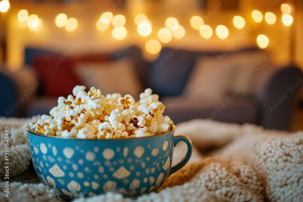 A cozy bowl of popcorn on a soft blanket, perfect for a movie night. A cozy bowl of popcorn on a soft blanket, perfect for a movie night.