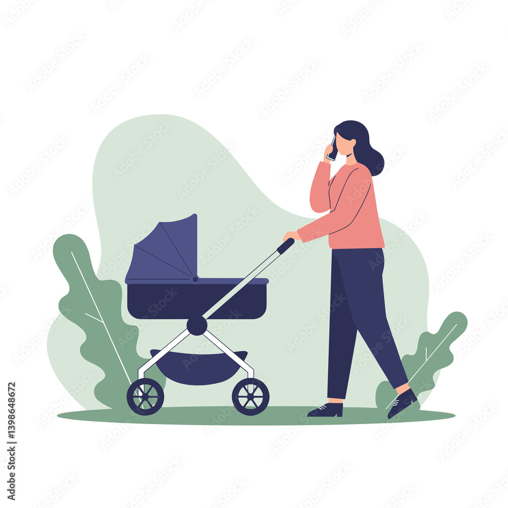 Woman talking on phone while walking with a stroller in a park Woman talking on phone while walking with a stroller in a park