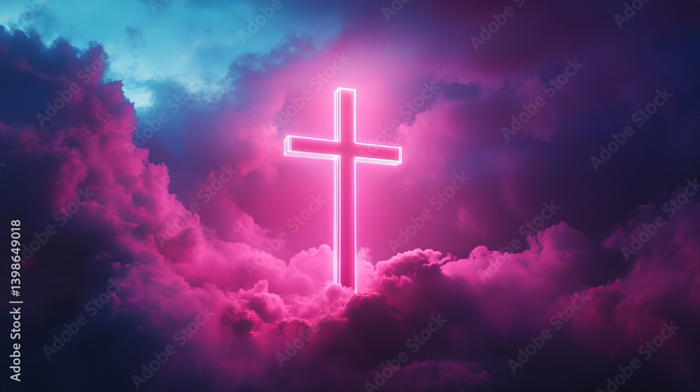 Christian cross neon light in pink and purple clouds spiritual religious faith hope jesus christ god symbol 100 Christian cross neon light in pink and purple clouds spiritual religious faith hope jesus christ god symbol 100
