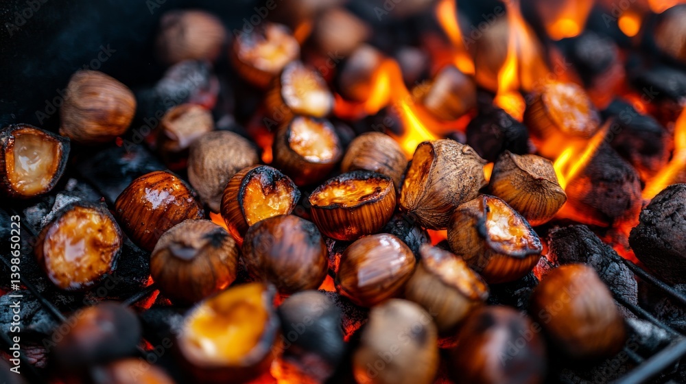 Glossy roasted chestnuts crackle as they cook over glowing coals, with orange flames dancing around their edges, creating a cozy atmosphere for a cool evening Glossy roasted chestnuts crackle as they cook over glowing coals, with orange flames dancing around their edges, creating a cozy atmosphere for a cool evening