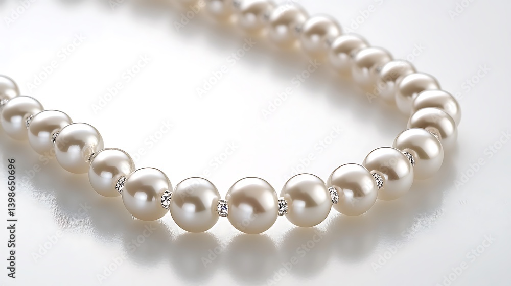 Close up of a pearl necklace with diamond accents on a white surface