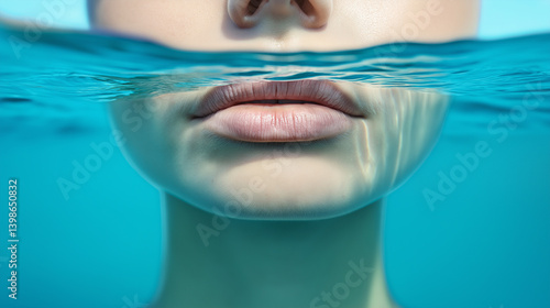 Closeup woman face lips mouth partially submerged clear blue water
