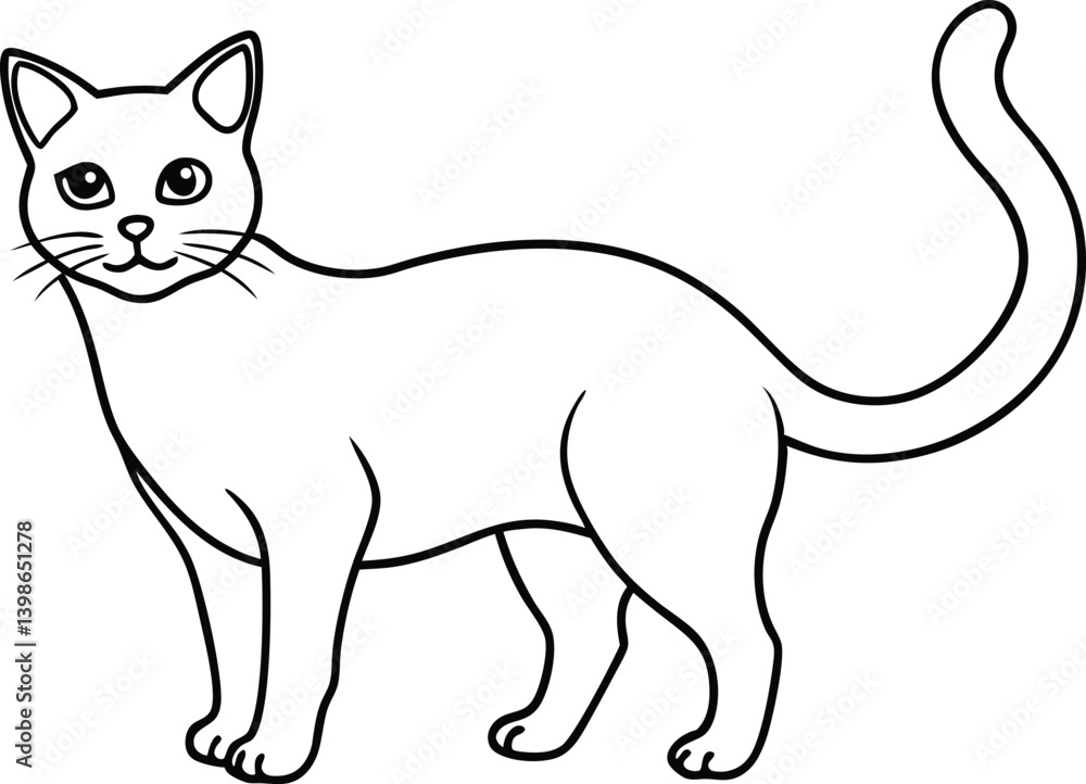 Stylized Cat Outline, Standing Profile with Whiskers and Tail Curled Upward Stylized Cat Outline, Standing Profile with Whiskers and Tail Curled Upward