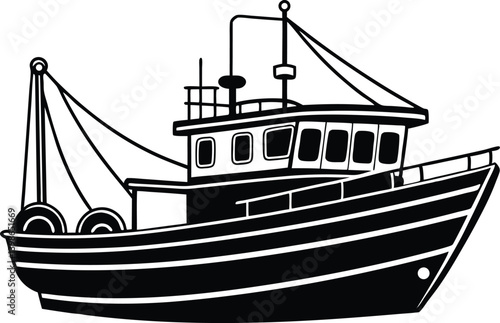 Black and white illustration of a classic commercial fishing trawler vessel