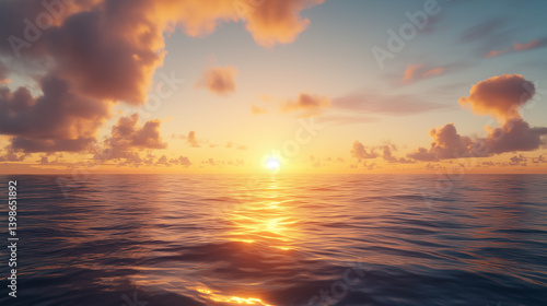 AI-generated photorealistic sunrise over a tranquil ocean with golden reflections on soft waves and a sky filled with warm clouds. Ideal for nature, serenity, and morning themes.