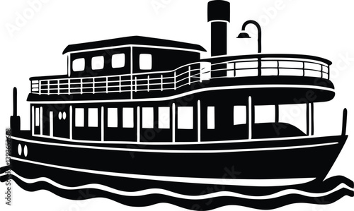 Detailed illustration of a classic steam powered ferry boat in monochrome