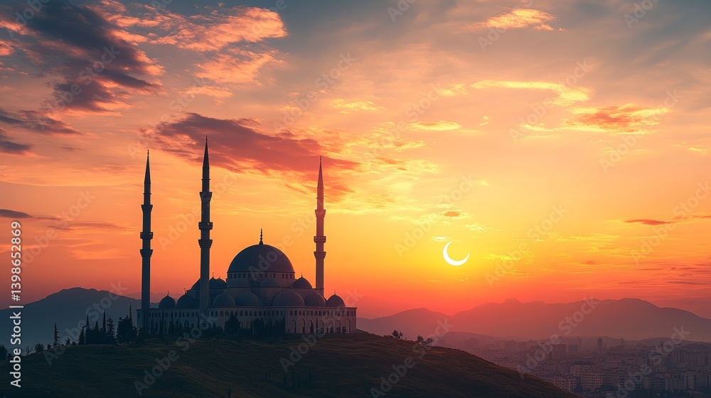 Obraz premium The shadow of a mosque framed by a sunset sky. Ramadan, the holy month of fasting for Muslims worldwide, is projected to begin in spring 2025-2026, with Eid al-Fitr marking its conclusion