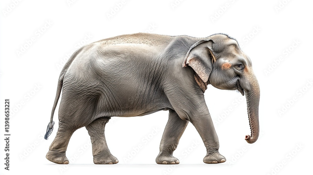 Side View of an Asian Elephant Walking, Isolated on a White Background - Side View of an Asian Elephant Walking, Isolated on a White Background -