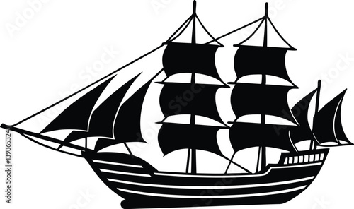 Silhouette of a majestic sailing ship with tall masts and billowing sails