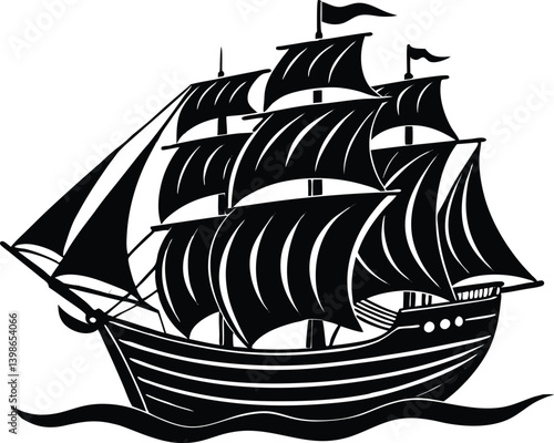 Detailed monochrome illustration of a classic sailing ship on the ocean